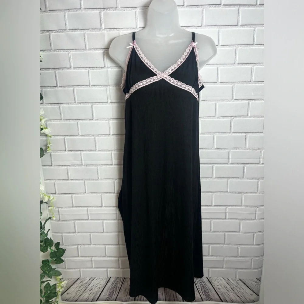 Spoiled Angel Y2K Inspired Black Ribbed Pink Lace Trim Cami Sleep Dress Nightgow